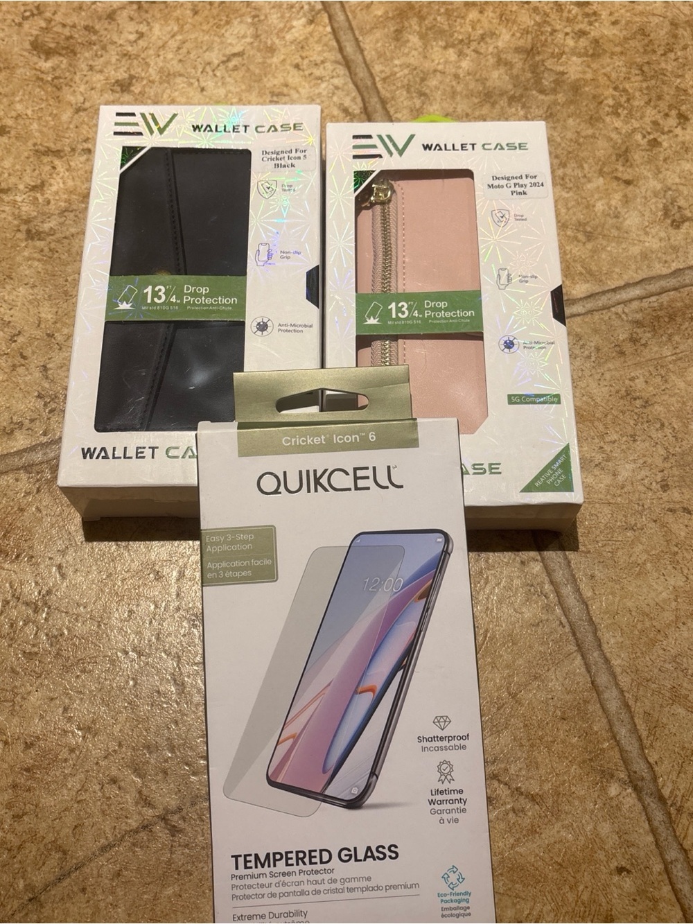 Tempered Glass Screen Protector for Cricket Icon 6 with Black & Pink Wallet